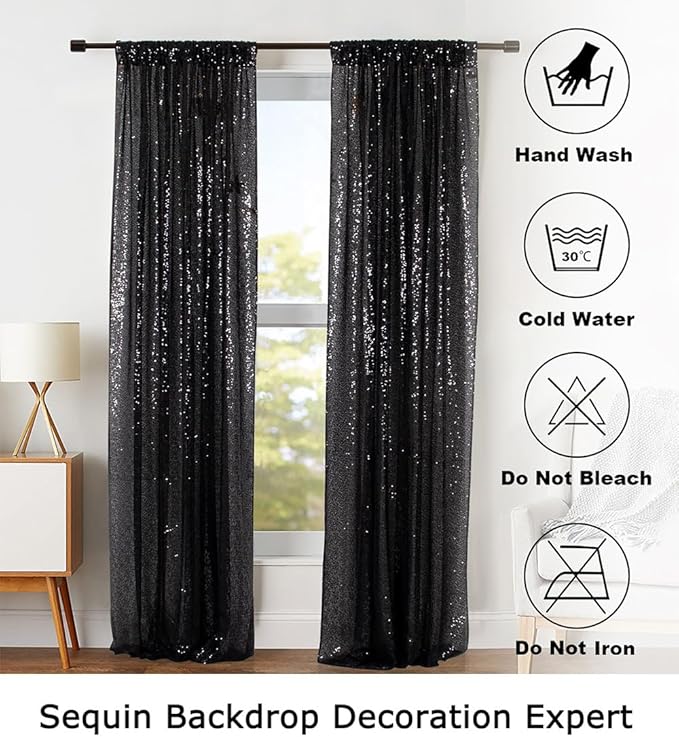 ShinyBeauty Black Sequin Curtains 2FTx8FT 4 Panels | Sparkly Photo Backdrop - Image 6