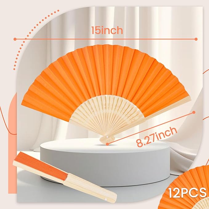 JOHOUSE 12 Packs Paper Folding Hand Fans, 8.3 Inch Orange Paper Fans Handheld - Image 2