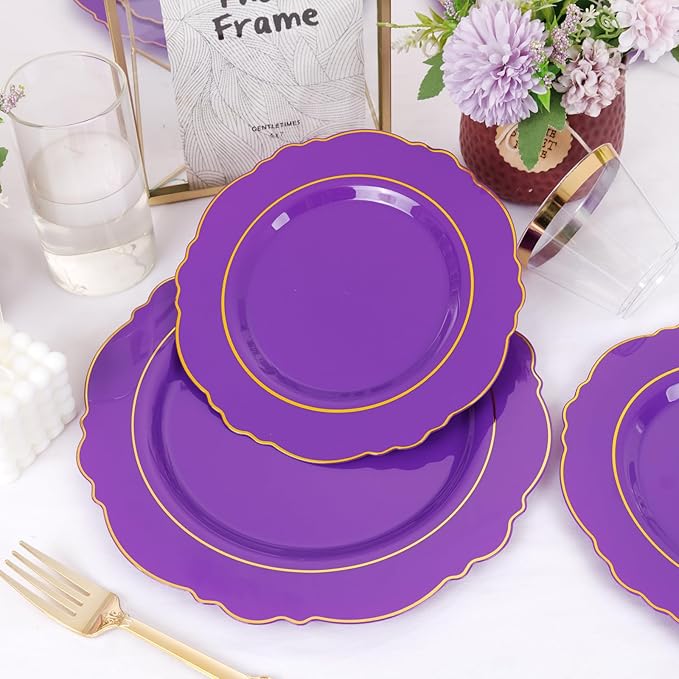 Liacere 350PCS Purple Plastic Plates-Disposable Purple and Gold Plates 50 guest - Image 6