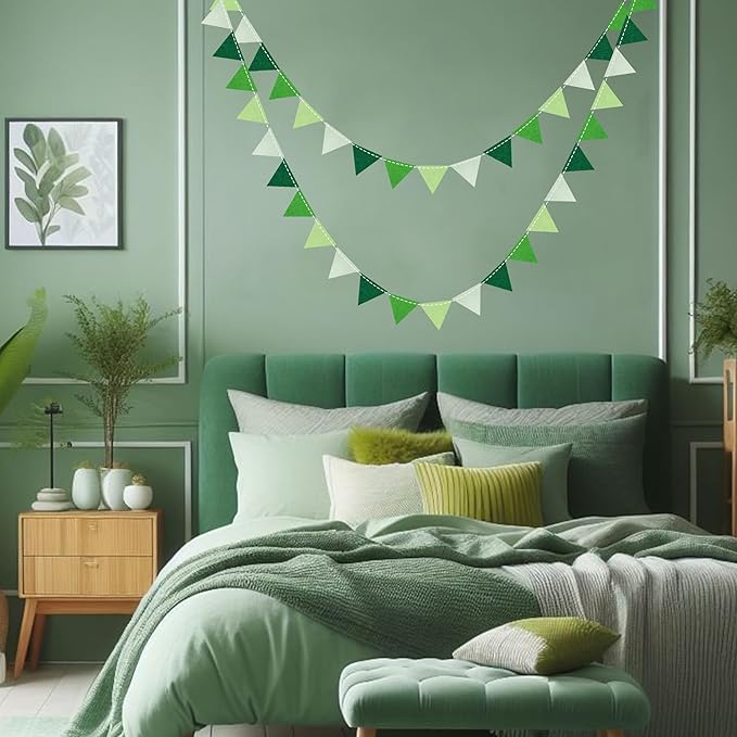 Green Party Decorations Ombre Green Felt Hanging Triangle Mini Bunting Pennant - Image 7