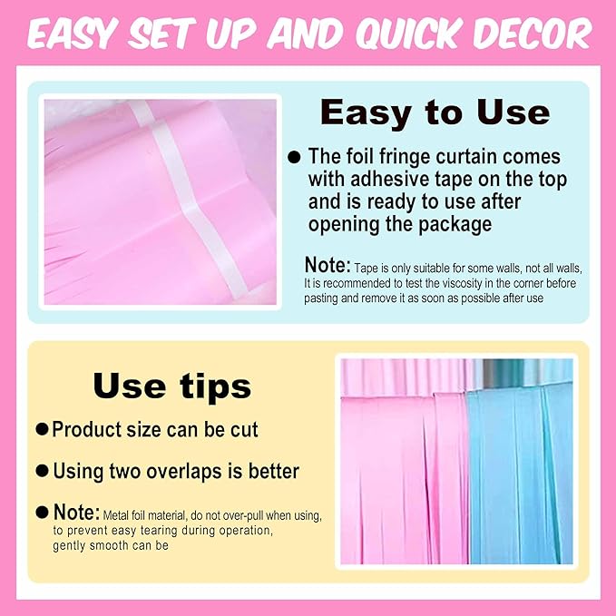 6 Pack Macaron Pink Blue Foil Fringe Curtains Backdrop, 3.28 x 8.2 Ft Metallic - Image 3