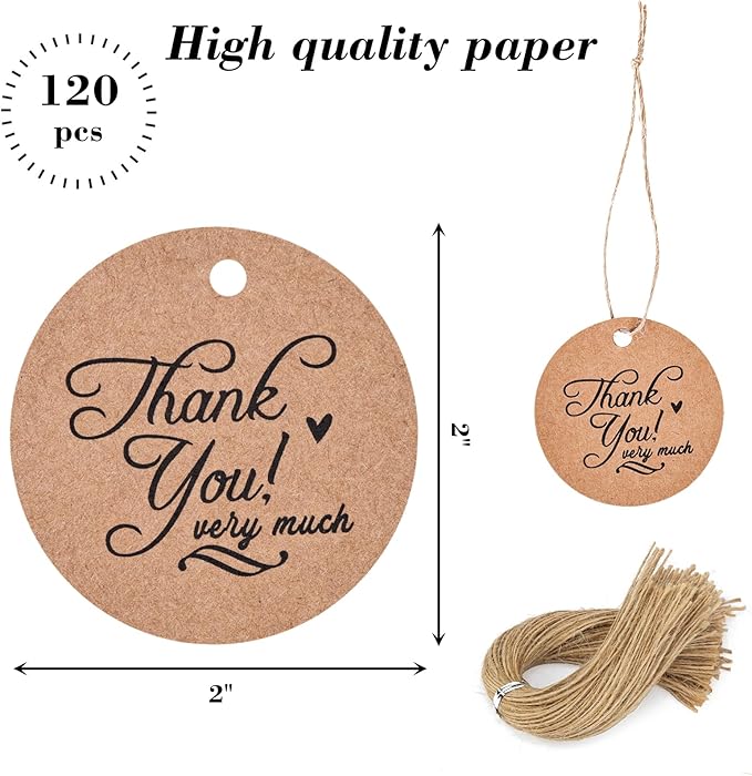 SallyFashion 120PCS Thank You Gift Tags, Round Brown Paper Tags - Image 2