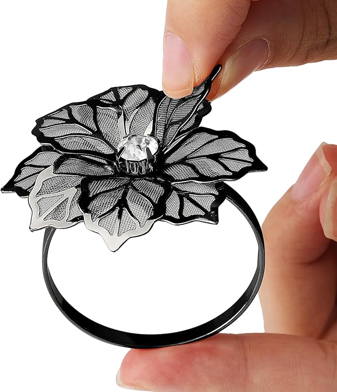 KPOSIYA Flower Napkin Rings Holder Metal Black Napkin Rings Set of 6 - Image 3