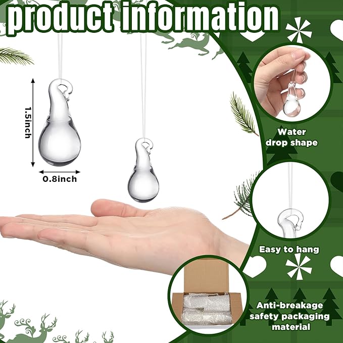 30 Pcs Clear Glass Teardrop Christmas Ornaments Crystal Raindrop Hanging - Image 2