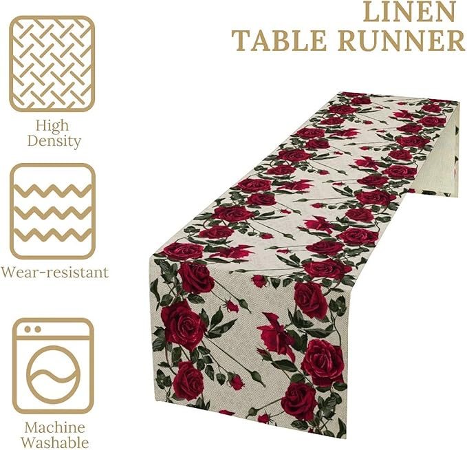 Rose Table Runner, Retro Red Rose Flowers Green Leaves Valentine's Day Kitchen - Image 3