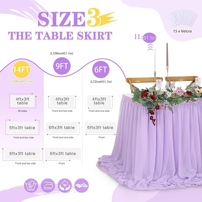 QueenDream 14ft Lavender Chiffon Table Skirt Purple Sheer Tablecloth - Image 4