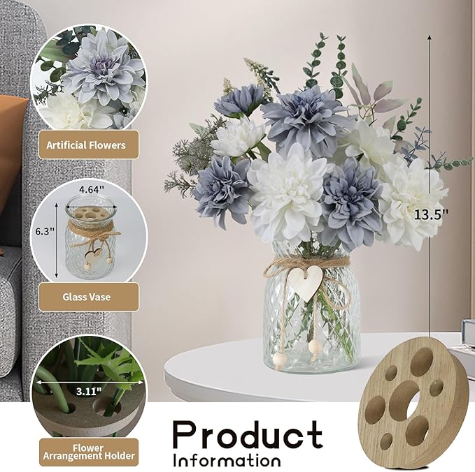 Fake Flowers with Vase, 8 Dahlias, with a Flower Arrangement Holder, Silk Faux - Image 2