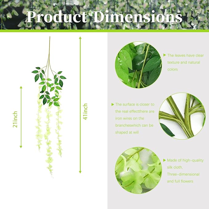 5 Pack Green Wisteria Hanging Flowers, 3.44 Ft Fake Hanging Flowers, Artificial - Image 2