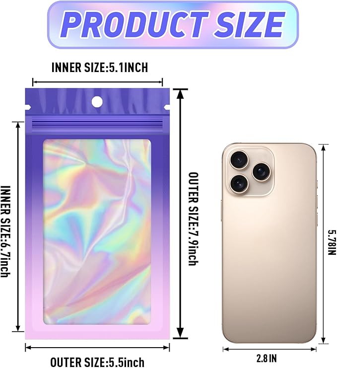 Funfery 100 Pack Gradient Holographic Bags, Mylar Resealable Bag - Image 2