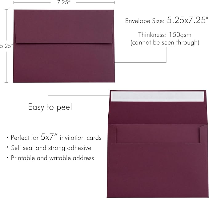 PONATIA 50PCS 5x7 Envelopes, Burgundy A7 Envelopes Self Seal - Image 3