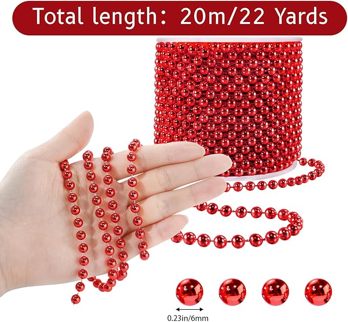 Faux Red Pearl Beads Garland - 6mm Christmas Tree Beads 22 Yards Red Pearl - Image 2