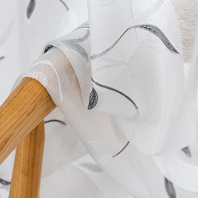 VISIONTEX White Sheer Voile Curtains, Decorative Leaves Embroidery Faux Linen - Image 3