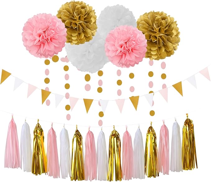 Pink-White Gold Girl Birthday Party-Decorations by LastingSurprise
