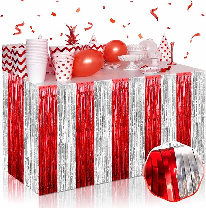3 Pack 29 x108 Inch Red Silver Foil Fringe Table Skirts Metallic Banner by Mebiornt