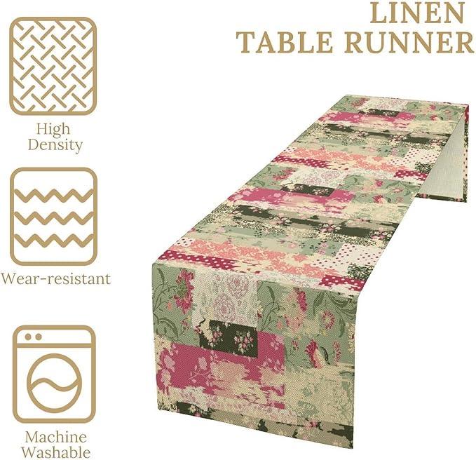 Patchwork Flower Table Runner, Abstract Colorful Floral Retro Style Hand Drawn - Image 2