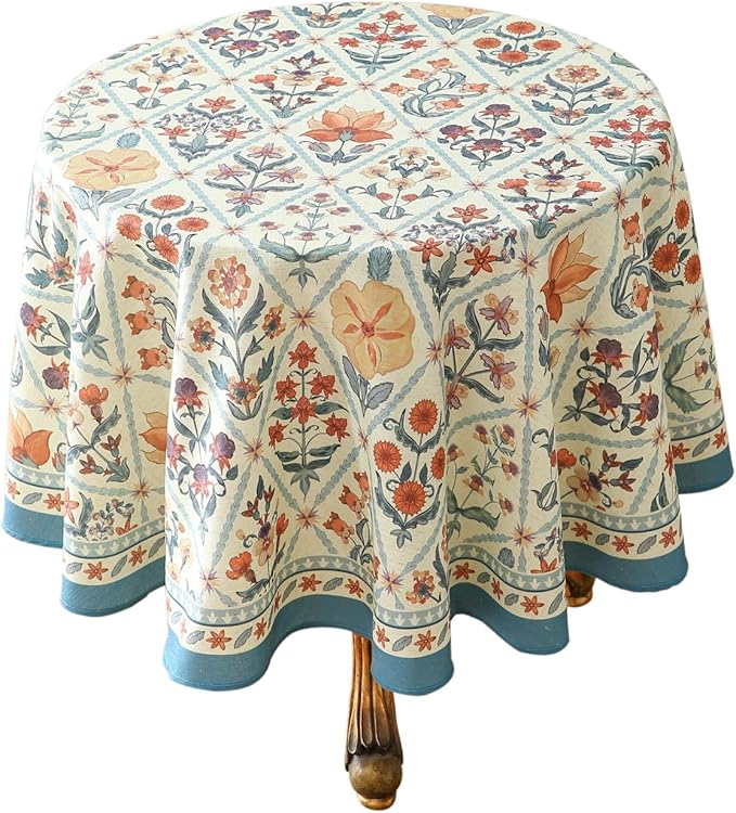 ISAENNE Designer Linen Elegant Round Tablecloth, Colorful Floral Bohemian Table by Isaennehomedecoration
