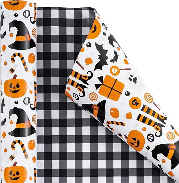 LeZakaa Halloween Wrapping Paper, Cute Pumpkin Witch Bat Candy Print, Buffalo - Image 8