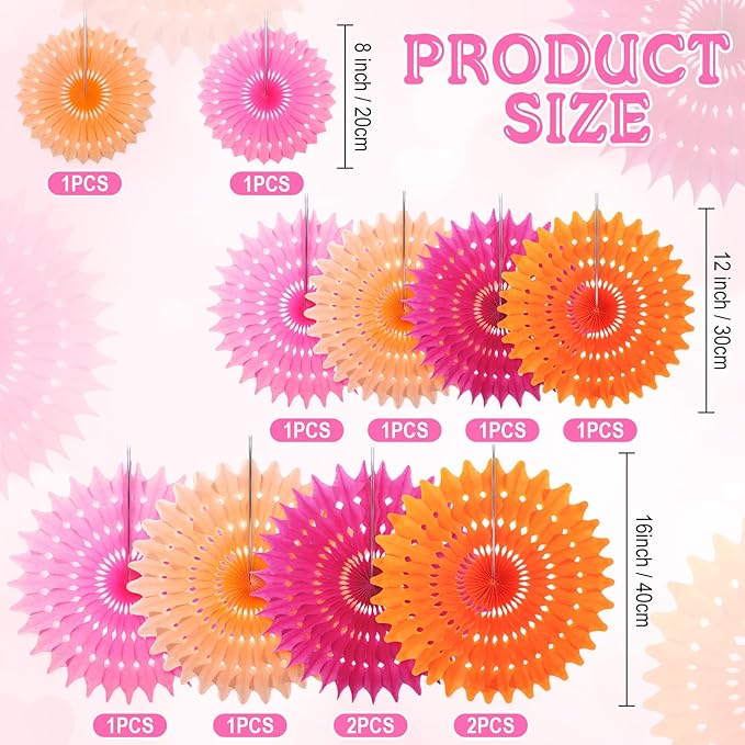 Outus 12 Pcs Hanging Honeycomb Paper Fans Sets, Fiesta Pink and Orange Party - Image 2