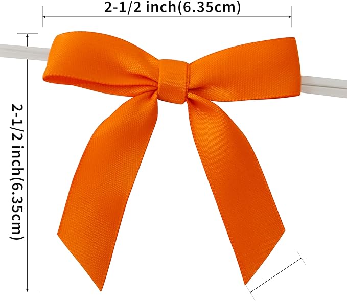 50pcs 2-1/2" Orange Twist Ties Satin Ribbon Bows in Pumpkin Color - Image 3