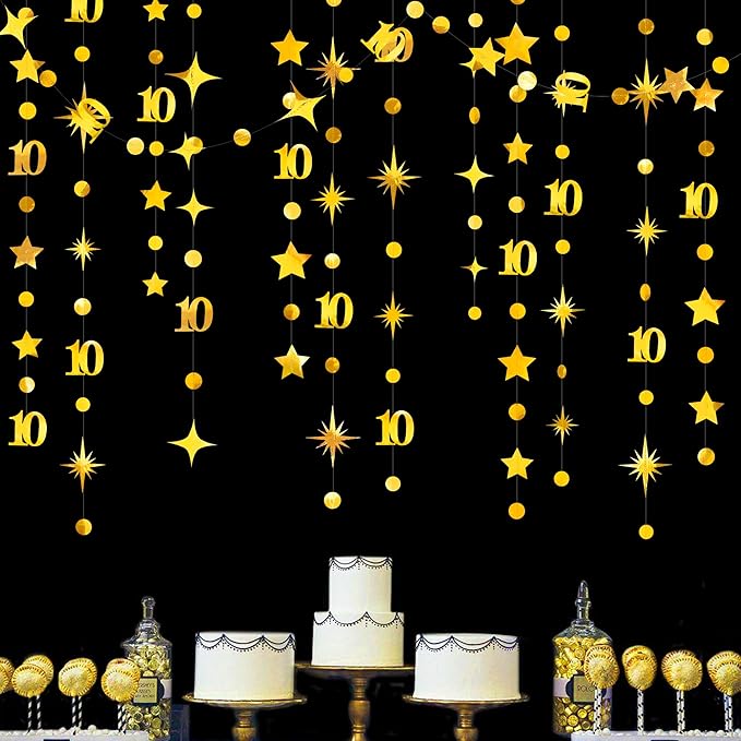 Gold 10th Birthday Decorations Number 10 Circle Dot Twinkle Star Garland by pinkblume
