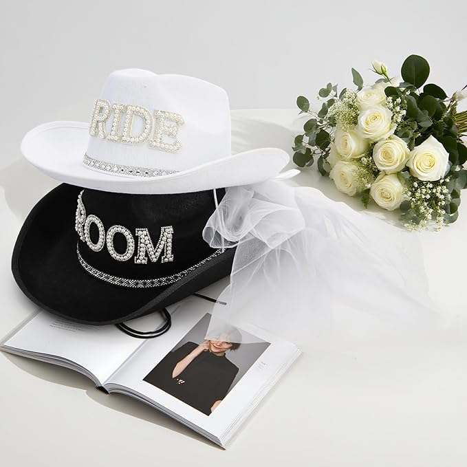Frcctre 2 Pcs Bride Cowgirl Hat - Image 4