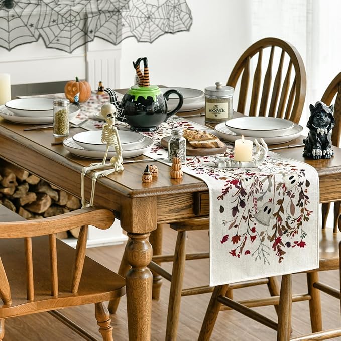 Artoid Mode Ghost Flowers Leaves 210 GSM Halloween Table Runner, Seasonal Fall - Image 4