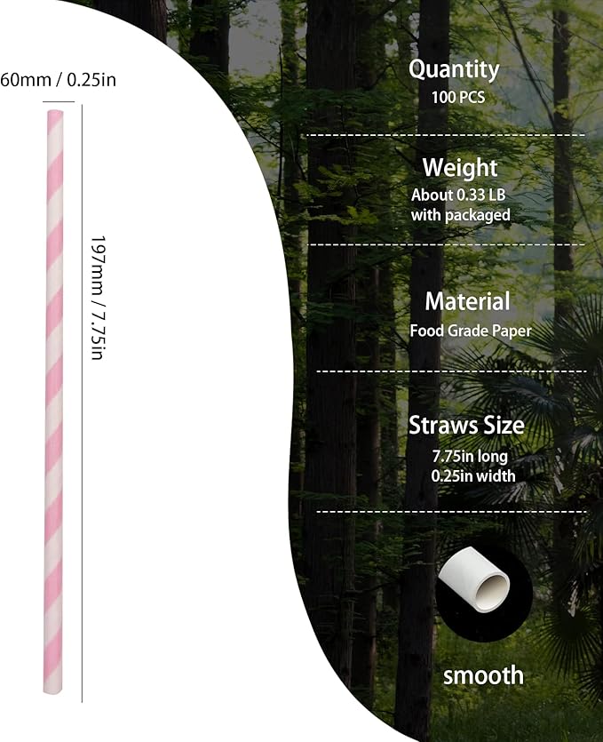 Disposable White and Pink Striped Paper Straws, Hot Pink Swirl Straw Pastel - Image 2