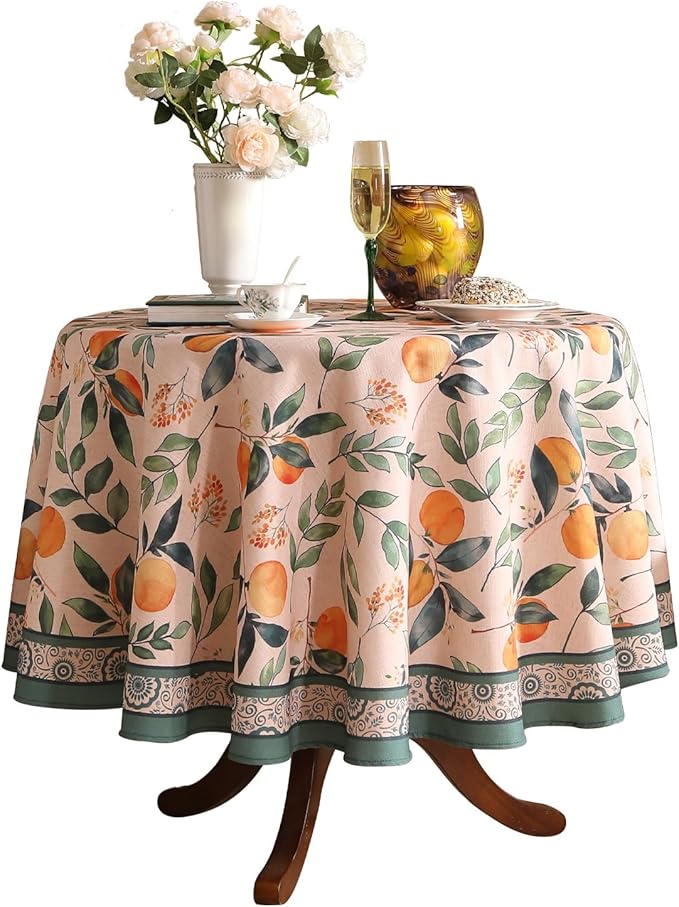 patdrea Designer Linen Round Table Cloth, Vintage Framhouse Oranges and Leaves by Welcometopatdrea
