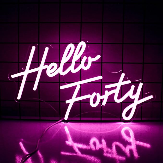 Hello Forty Neon Sign 40th Birthday Dimmable Neon Sign Pink Letters Neon Lights by Jesalah