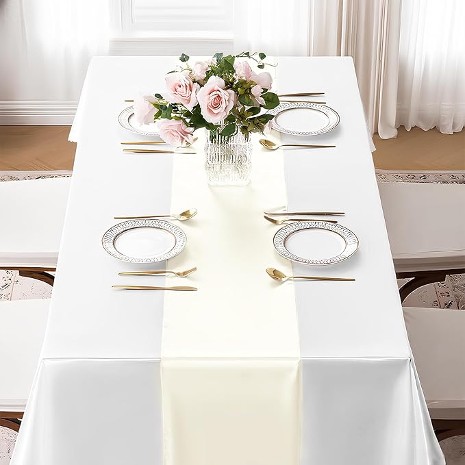 SHEJIZE 2 Pack White Satin Table Runner 12x108 Inches Long, Bright Silky Smooth - Image 4