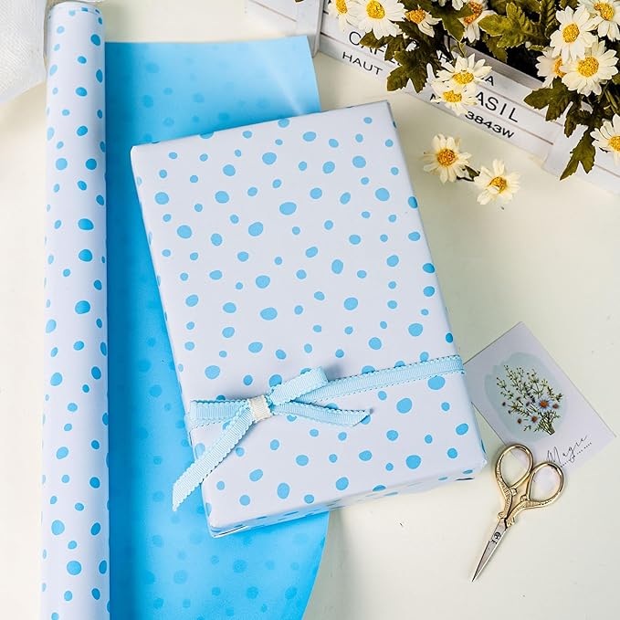 Burymento Blue Lrregular Wave Point Wrapping Paper, Reversible Gold Gift Wrap - Image 4