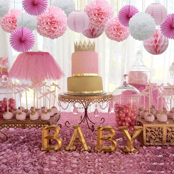 16pcs Pink Party Decorations Paper Pom Poms Honeycomb Balls Lanterns Tissue Fans - Image 5