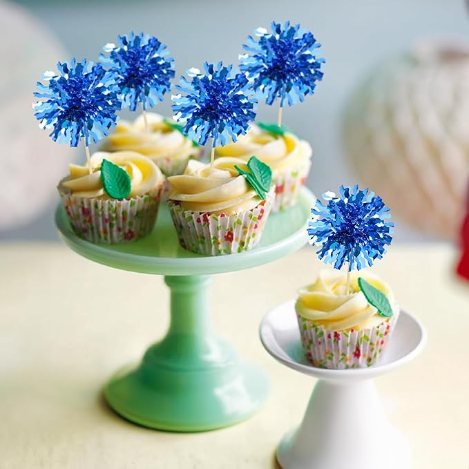 Ephlyn 30Pcs Foil Firework Cupcake Toppers Blue Tinsel Flower Drink Stirrers - Image 4