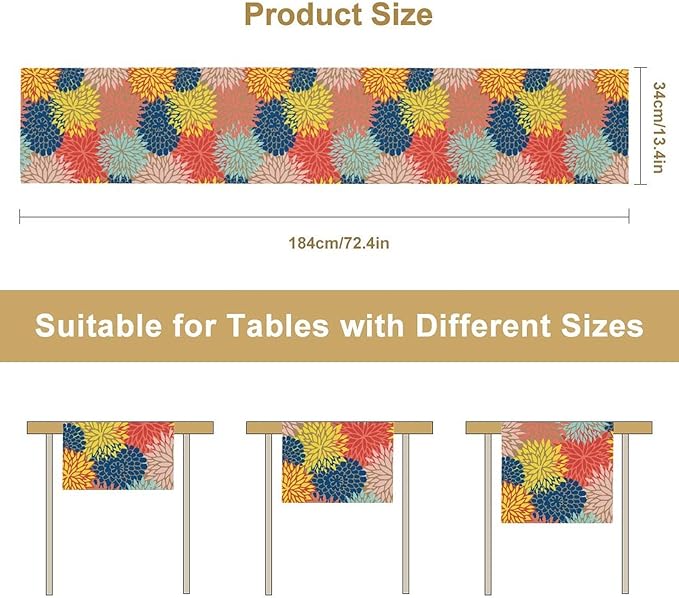 Dahlia Flowers Table Runner Colorful Floral Teal Grey Pink Yellow Blue Abstract - Image 3
