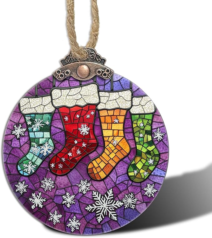 Stained Glass Christmas Decorations, Colorful Stockings Purple Suncatcher by Follow