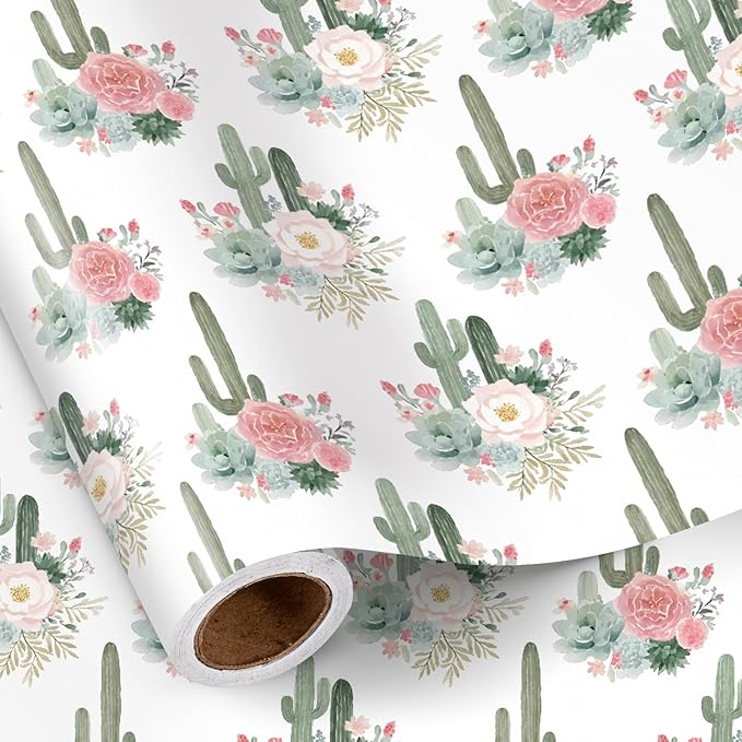 RUSPEPA Cactus Floral Wrapping Paper Roll, Mini Roll, Elegant Cacti and Roses by RUSPEPA