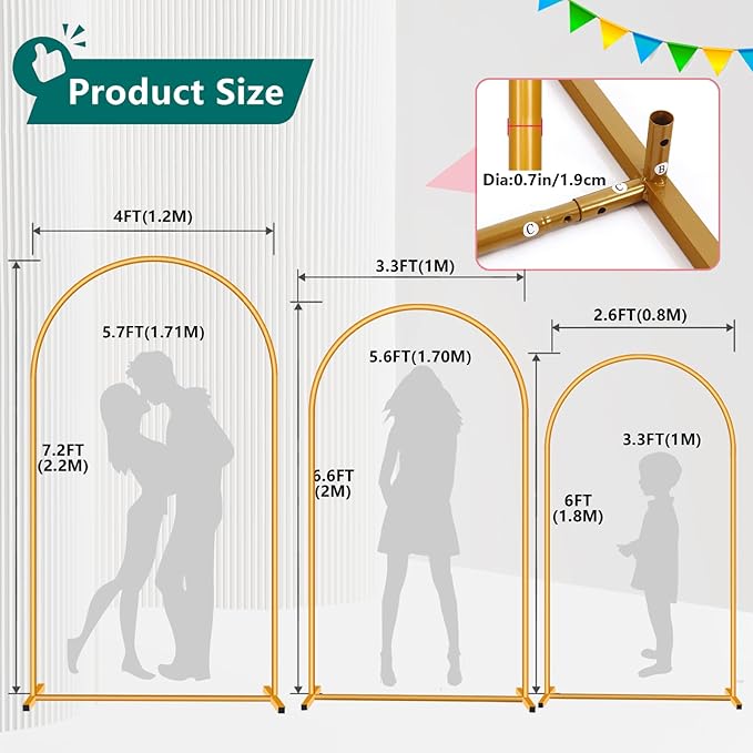 3-Pack Metal Arch Backdrop Stand Set Heavy Duty Rust-Proof Wedding Decoration - Image 2