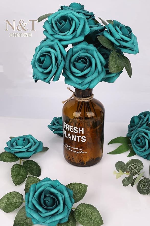 N&T NIETING Artificial Flowers Foam Roses 25 pcs Peacock Green Fake Roses w/Stem - Image 8