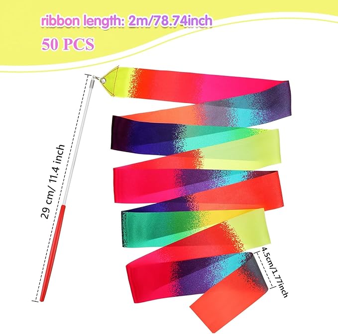 Yilloog 50 Pcs Ribbon Dancing Wands Party Favors, 78.7 Inch Artistic Gymnastics - Image 2