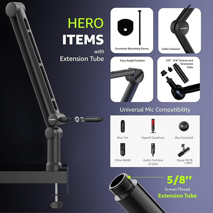 IXTECH Boom Arm Mic Stand with Extension Tube Upgraded Microphone Arm - Image 7