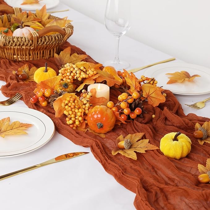 Fall Table Runner Terracotta Cheesecloth Table Runner 35x120in Burnt Orange - Image 5
