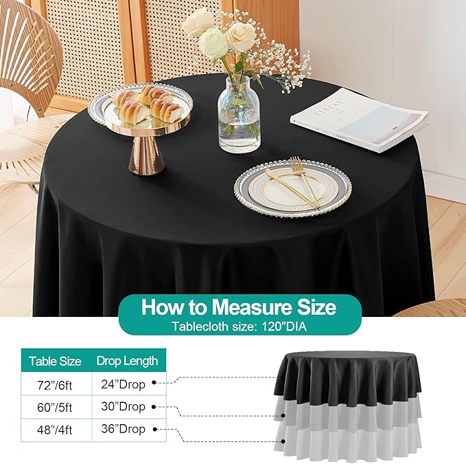EMART Round Tablecloth Black 120 inch Circular Polyester Table Cover - Image 2