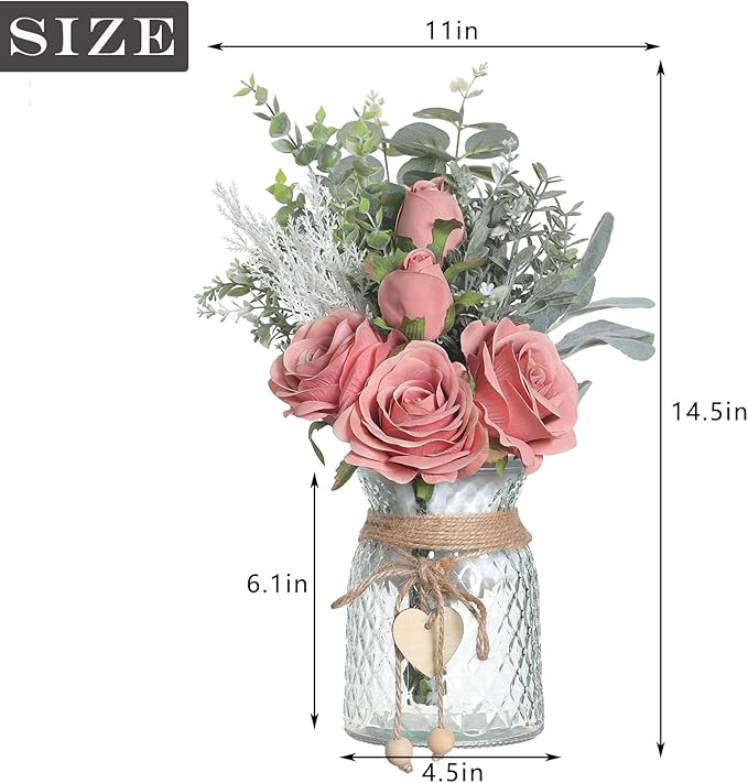 Faux Flowers with Vase, Artificial Silk Roses in Vase, Fake Plant Eucalyptus - Image 7