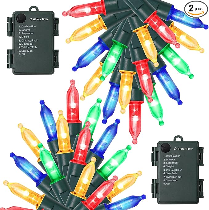 WATERGLIDE 2 Pack 50 LED Outdoor Christmas Lights, 16FT Battery Operated Mini by WATERGLIDE