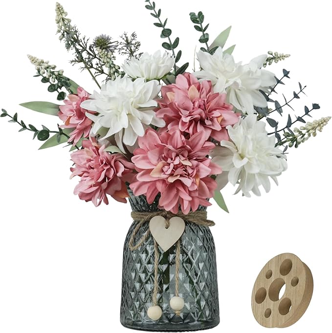 Fake Flowers in Vase, 8 Dahlias, Silk Artificial Flowers in Vase, Faux Flowers by SHINFHOMF