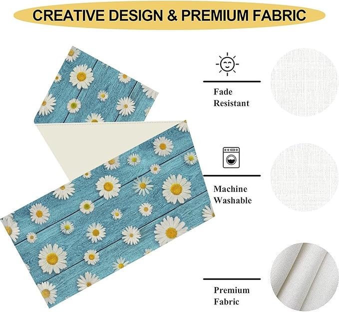 Daisy Floral Table Runner, Farmhouse Abstract Spring Seasonal Summer Blue White - Image 4
