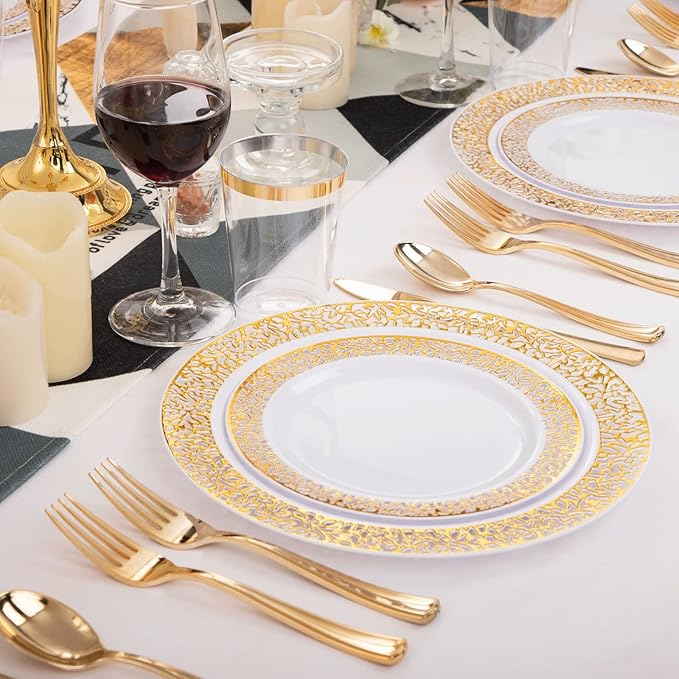 WELLIFE 175 PCS Gold Plastic Plates, Includes: 25 Dinner plates, 25 Salad Plates - Image 4