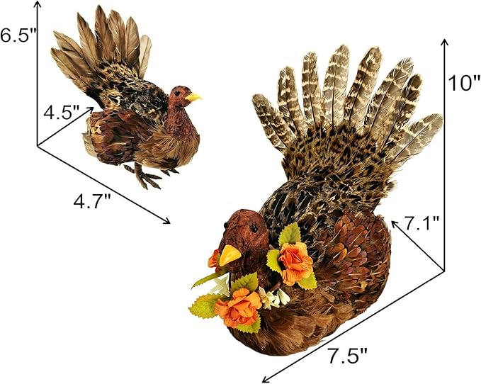 naturevibe 10/6.5 Inches Feathered Turkey Decorations Set of 2, Realistic Mom n - Image 2