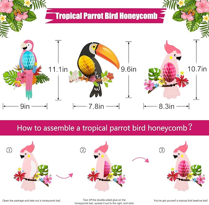 Luau Party Decorations, Aloha Paper Lanterns Tropical Parrot Birds Tissue Paper - Image 2