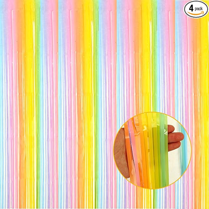 4 Pack Macaron Rainbow Foil Fringe Curtain Backdrop, 3.28Ftx8.2Ft Colorful Foil by Unknown